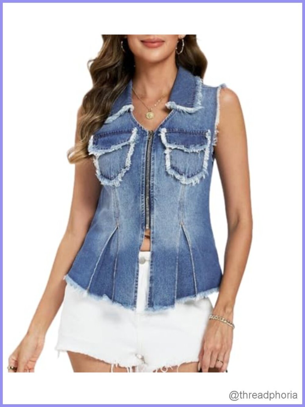 Sleeveless Frayed Denim Vest V Neck Lapel Jean Vest Zip Ruffle Hem Waistcoat